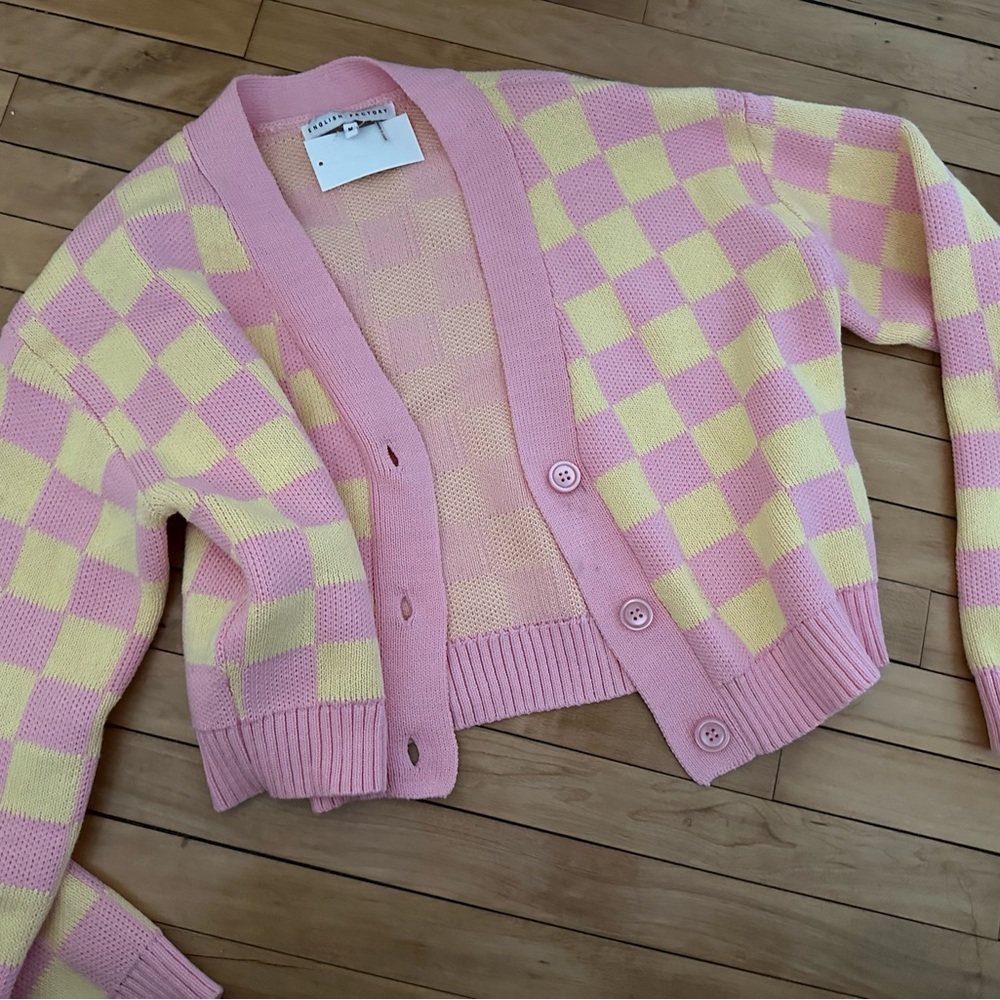 Bloomingdale's Pink and Yellow Checkered Cardigan
